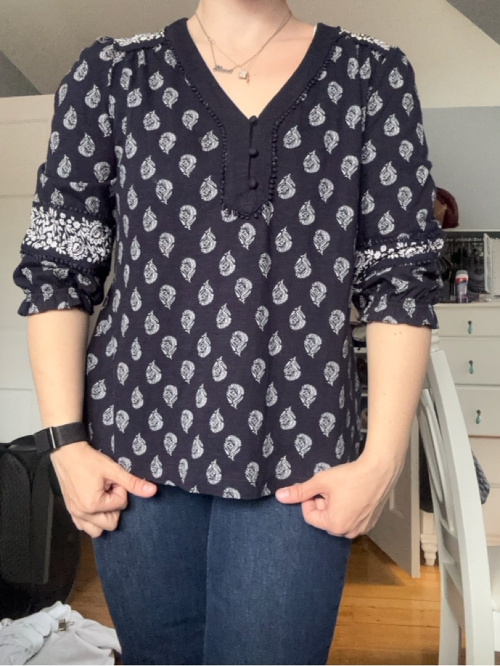 Fat Face Navy Paisley V-Neck Blouse